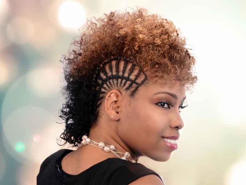 Side Braided Mohawk with Khaki Curls and Hair Color
