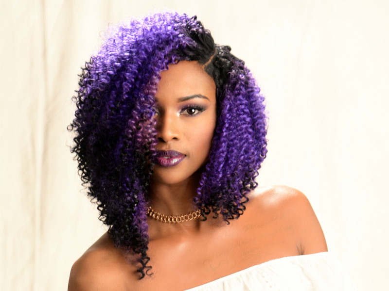 Curly Bob Hairstyle with Sew-In Purple Hair Color from Amber McClain