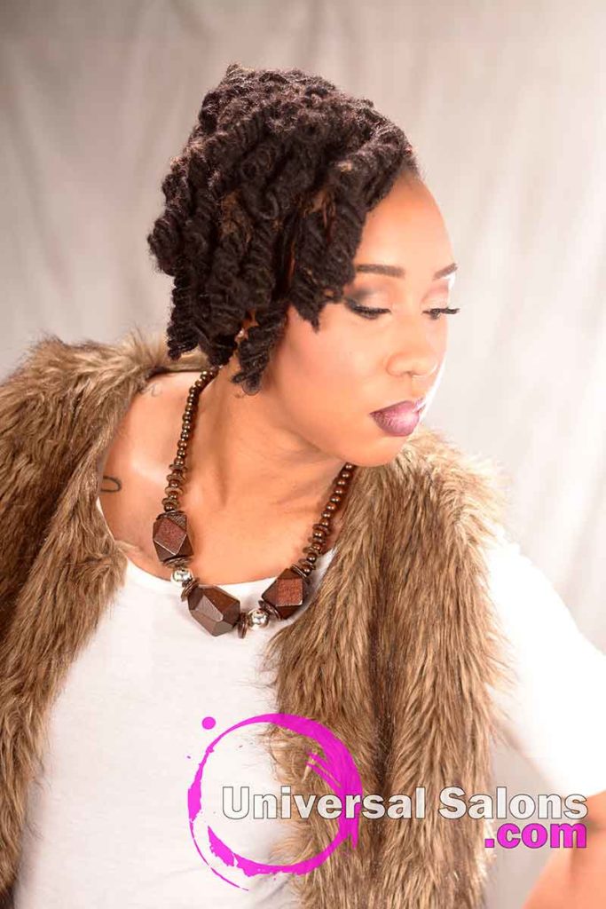 Left Side View: Fantastic Hairstyle with Loc Extensions and Barrel Twists