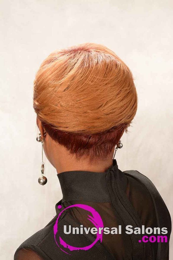 Back View: Short Hairstyle for Black Women with Layers and a Feathered Bang