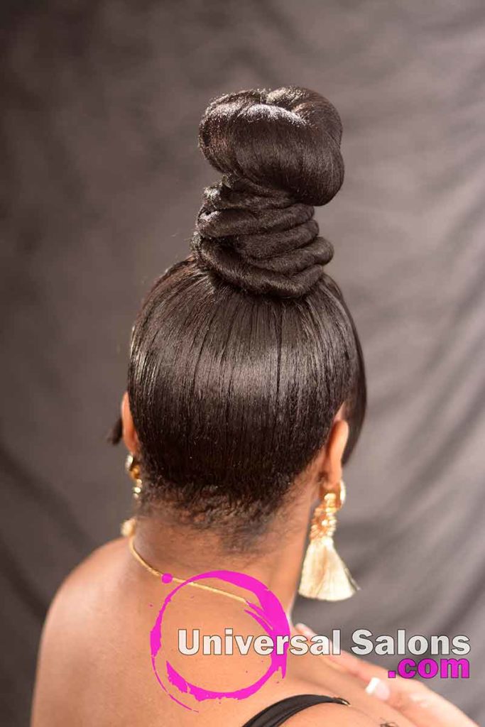 Back View: Beautiful Coiled Bun Updo Hairstyle with a Chinese Bang