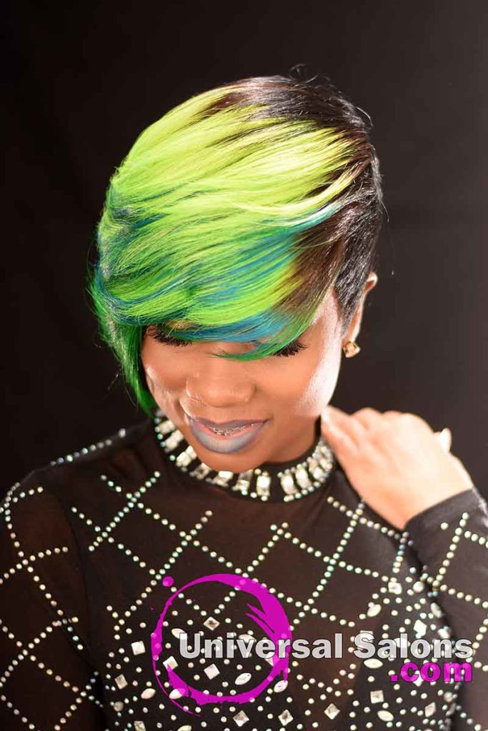 Front Down View: Bold Lime Quick Weave Hairstyle from Constance Purnell in Columbia, SC