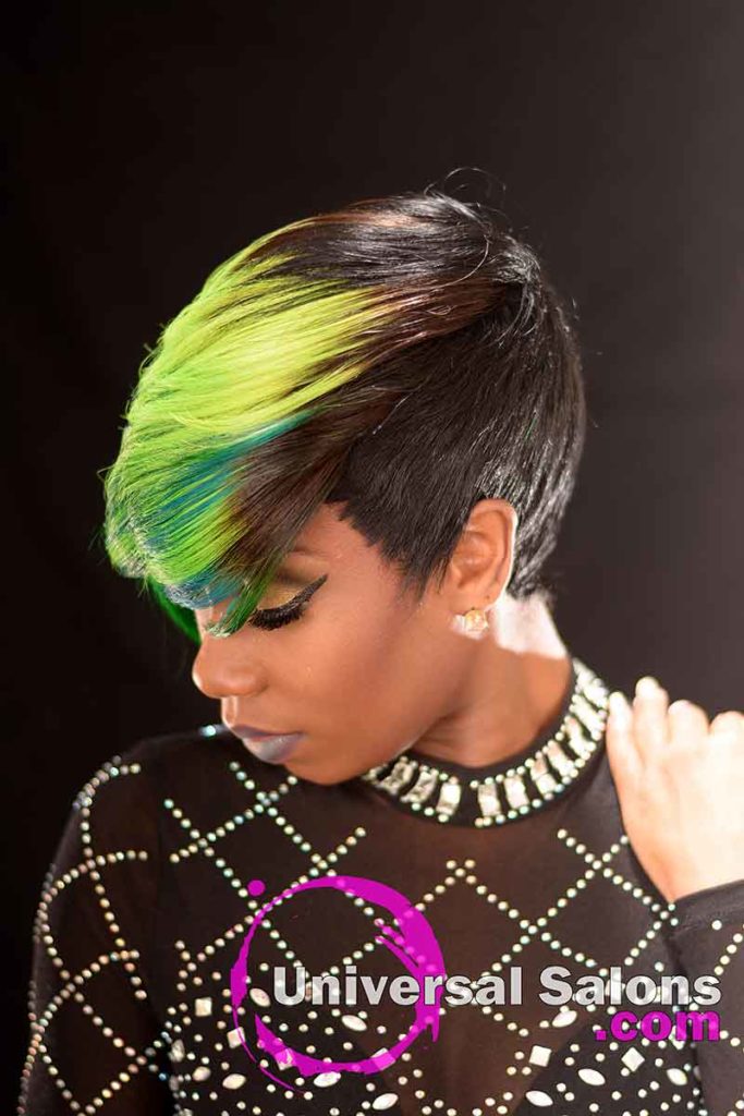 Left View: Bold Lime Quick Weave Hairstyle from Constance Purnell in Columbia, SC