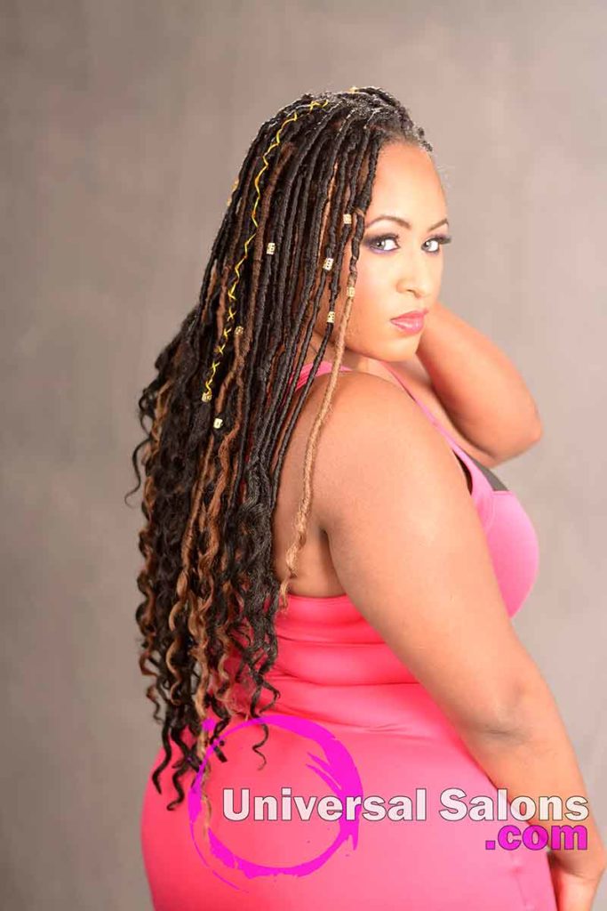 Right View: Model Wearing Long Goddess Locks Hairstyle With Accents