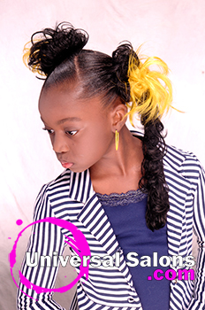 Right Side Viewof Pigtail Twists With Flared Out Pom Poms