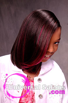 Little Girl Looking Down Silk Press Hairstyle with Red Highlights
