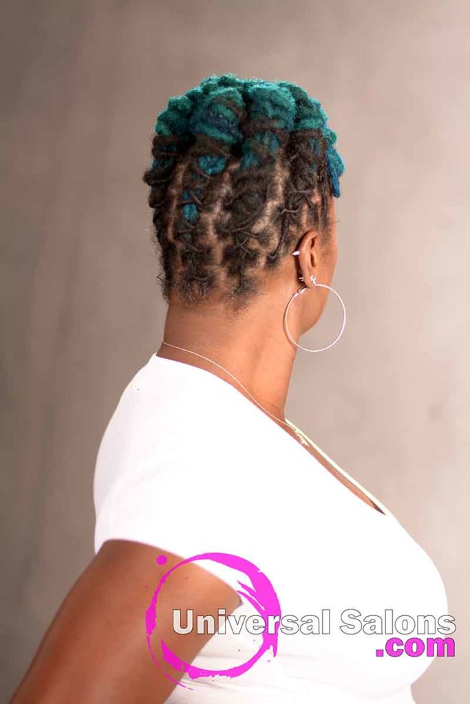 Back View: Short Locks Updo Hairstyle With Aquamarine Hair Color