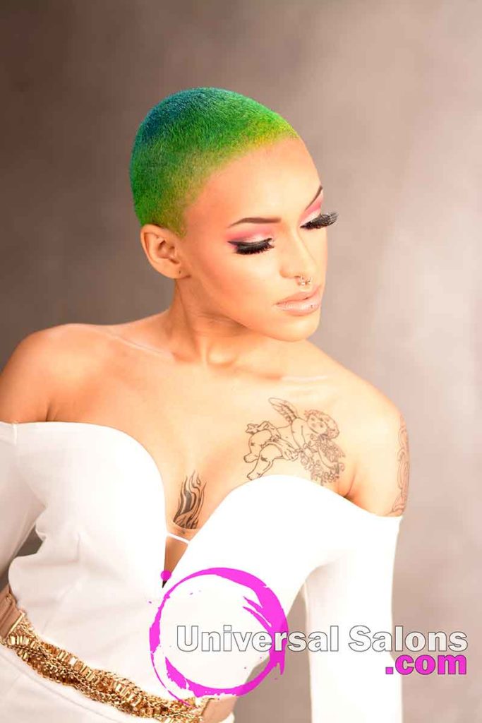 Model in White Outfit Wearing Rainbow Brush Cut Hairstyle