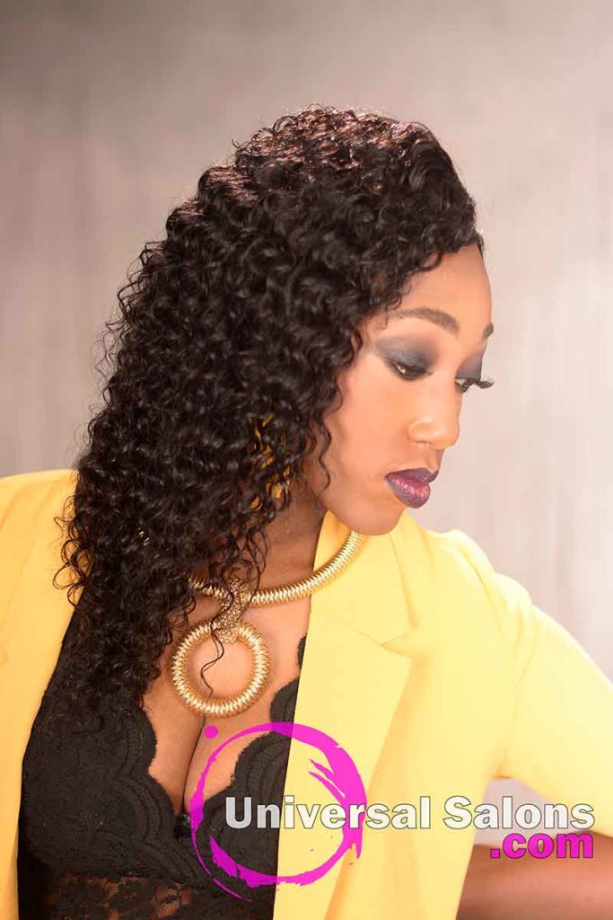 Right View of a Long Curly Sew-In Hairstyle