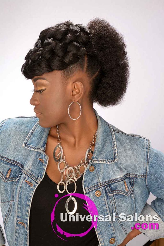 Left View of a Model Wearing Goddess Braid & Afro Mohawk