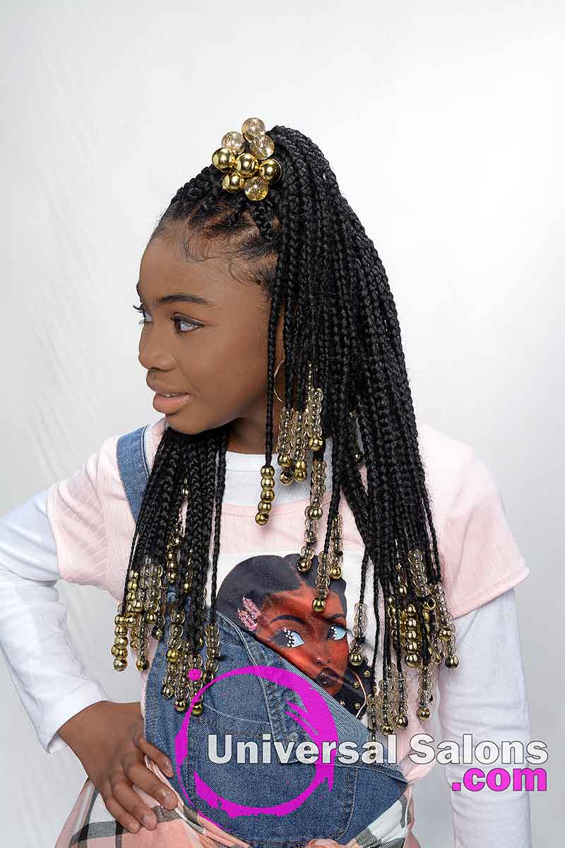Kid's Knotless Box Braids With Beads Model's Head Turned