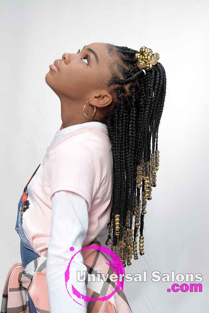 Kid's Knotless Box Braids With Beads- Model Looking Up