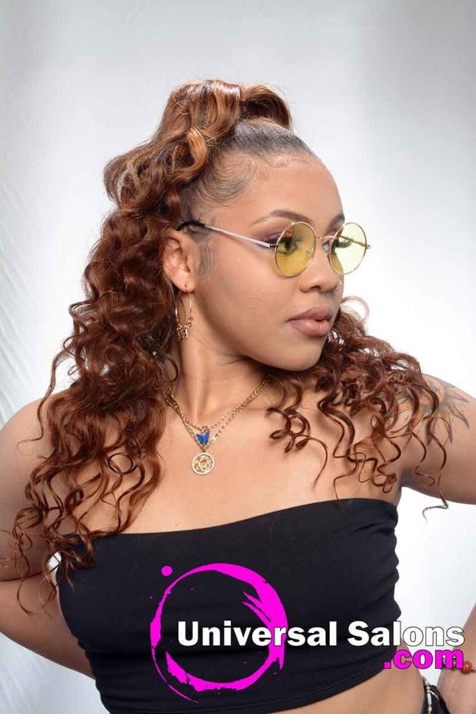 Model With Long Curly Microlink Hairstyles Ponytail