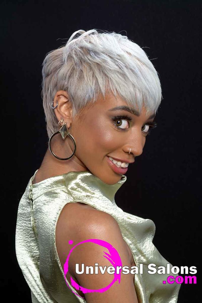 Model Smiling With Short Platinum Blonde Hairstyle